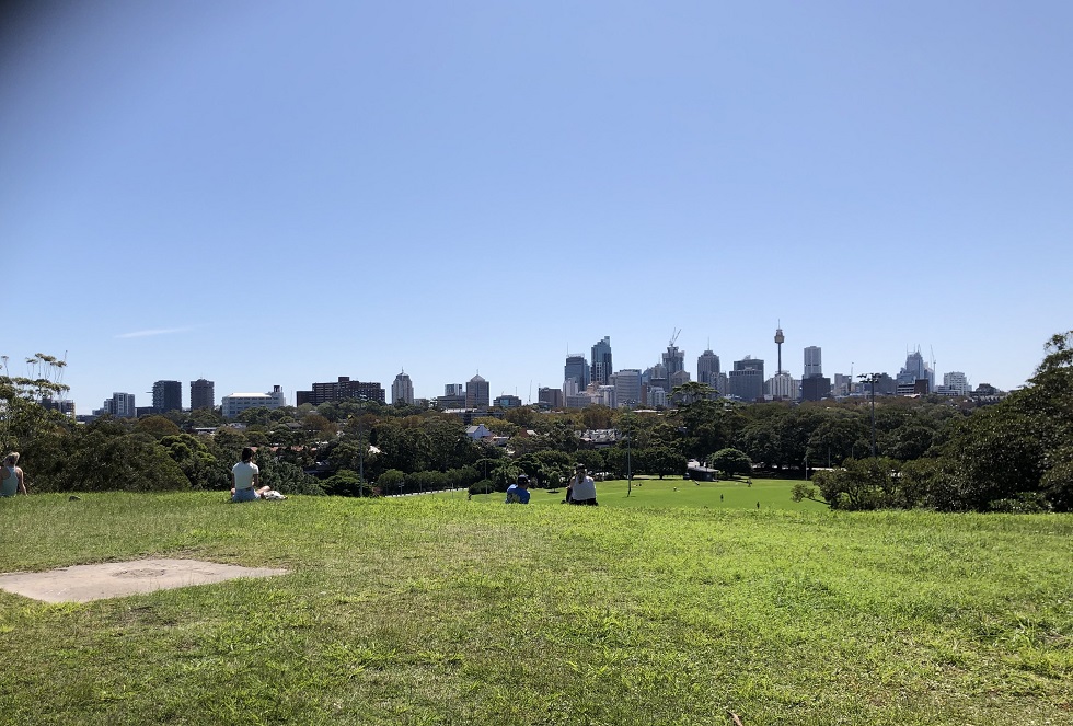 雪梨公園一景，在新冠病毒疫情中偶爾出來運動與透氣的人們。（攝影／李雨潔）