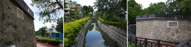 左圖：平成砲臺。中圖：曹公圳水道流經鳳山市區，部分水圳旁並設置自行車道，為鳳山人帶來美妙的親水景觀與體驗。右圖：澄瀾砲臺。