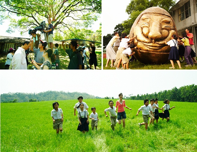 左上圖：林福清導演拍攝《不倒翁的奇幻旅程》過程。右上圖：《不倒翁的奇幻旅程》劇照。 下圖：《不倒翁的奇幻旅程》劇照──「奇遇草原」。（有影文化有限公司提供）