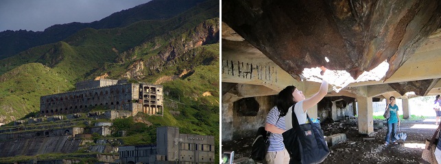 左圖：十三層遺址。（攝影／林志浩）右圖：十三層遺址選煉場，擊碎礦石的錐狀漏斗，吸引不少遊客好奇拍照。（攝影／粉紅企鵝）