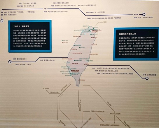 在「穿越─正義」展的圖表上，工業日本不僅是政策，在時間表上也與上方西方時間相對，從而在圖表時間敘事上成為冷戰時間的接合、對比、斷裂的詮釋。圖表上的兩個端點，也是潛殖的圖像修辭。