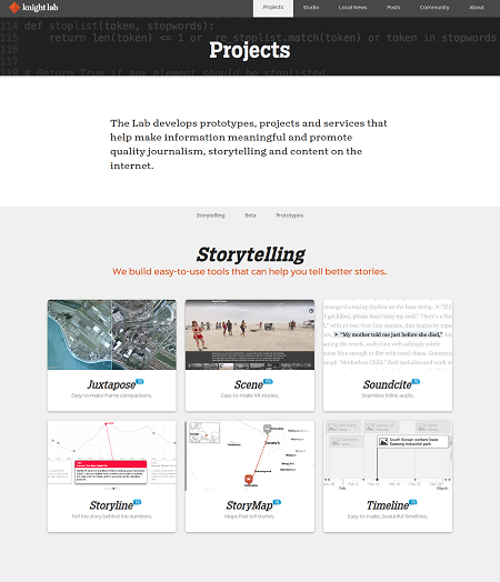 美國西北大學Knight Lab團隊開發許多數位化工具，幫助使用者快速生產多媒體敘事。（圖片來源／Knight Lab官網）