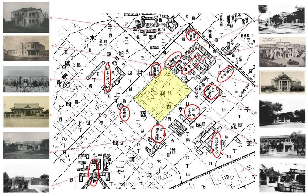 1937年的台中市地圖，呈現此區林立的官署建築及文教單位（黃色為吳欣潔調查研究計畫範圍）。