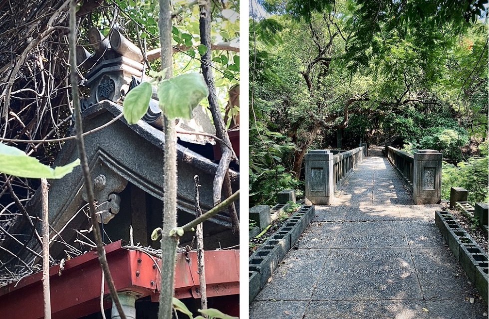 在八卦山文學步道上，有著日式神社的遺跡（左圖），亦有一座圓拱橋「銀橋」（右圖），因銀行出資重修而得名。（攝影／王顥燁）