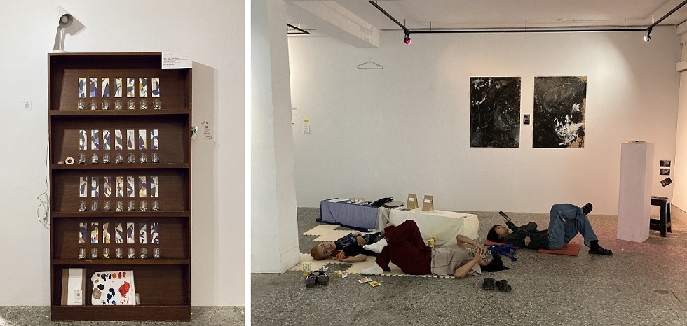 左：《Experiment_Loop_2022》於台中群島藝術園區展出。右：2023年於群島駐村時，與其他藝術家和藝術經理在展區共度的時光。