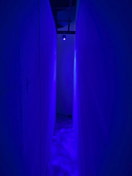 穿越這個藍光如水的窄道，才能抵達温思妮的作品。「涉水而渡」高雄展區，壽山遊客中心。（攝影／梁家綺）