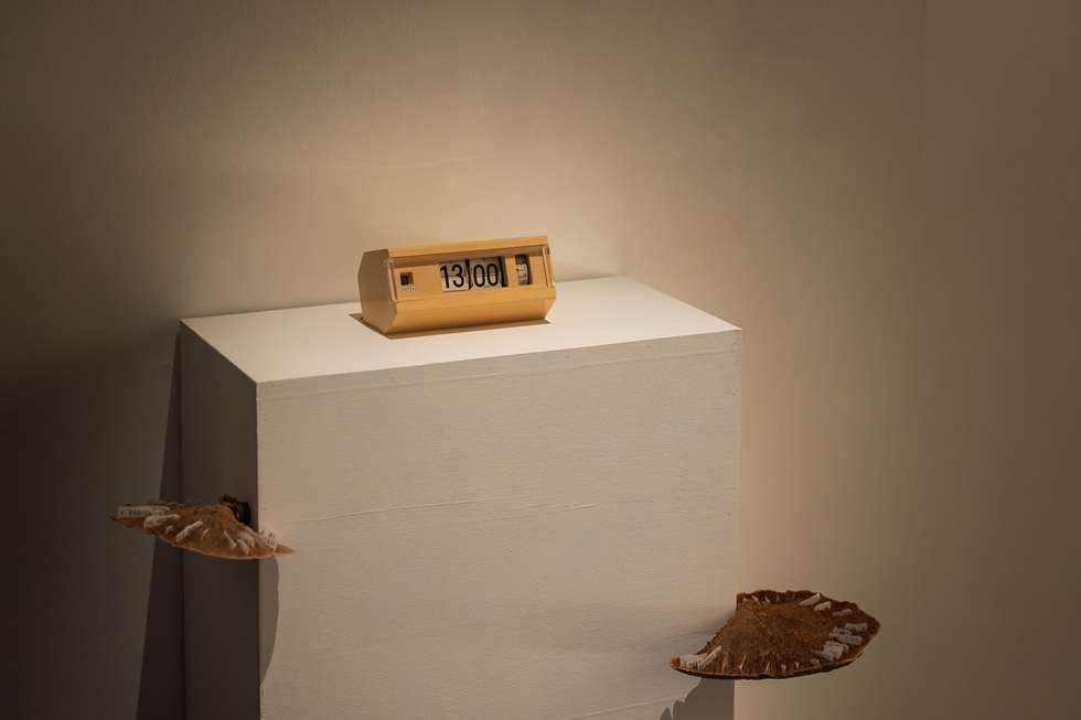 貌似古董翻頁鐘的《兩個時鐘》，內含動態感應器，為走入展場的觀眾而啟動。