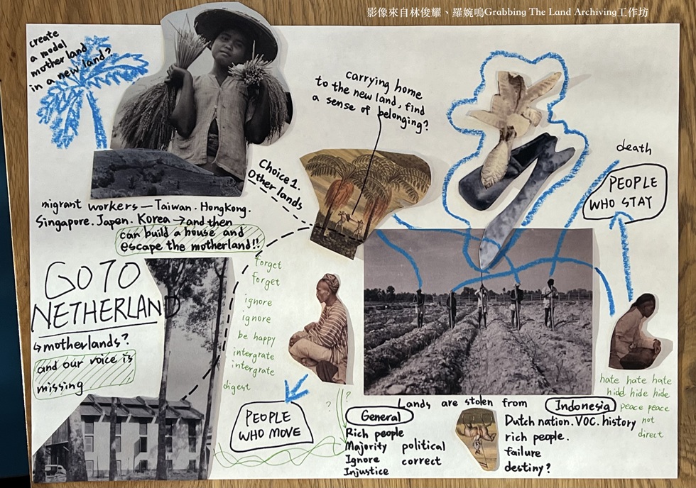 計畫期間，我在阿姆斯特丹社會史檔案庫參加了藝術家林俊耀、羅婉鳴的檔案工作坊，在工作坊中拼貼了一個對印尼人群的思考圖。