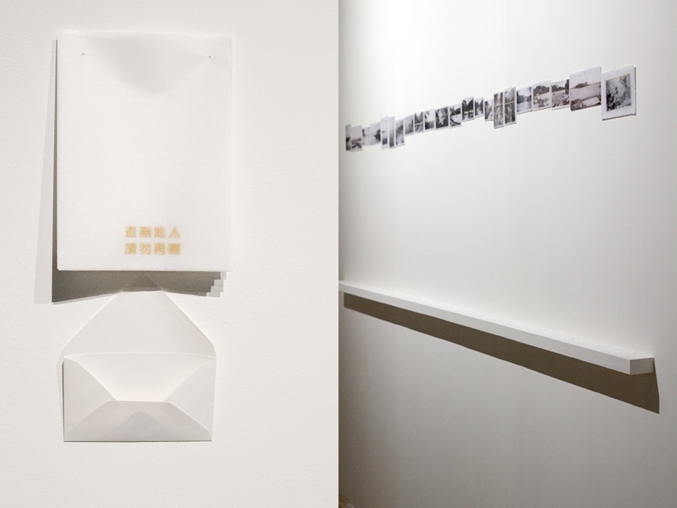 左：《絮語10》，紙、花粉、玻璃、木件，尺寸依場地而定，2025。右：《缺席的存在04》，花粉，蠟，木，銀鹽舊照片（藝術家於法國旅居期間尋獲），尺寸依場地而定，2022。