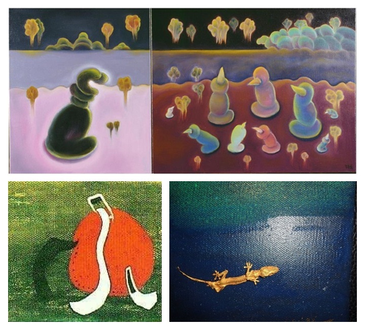 王羅蜜多的作品們：上圖《我教一群鳥仔講台語》；左下《小人攬蘋果行路》；右下《我共蟮蟲仔安金身——伊賜我寫一堆蟮蟲仔文》。