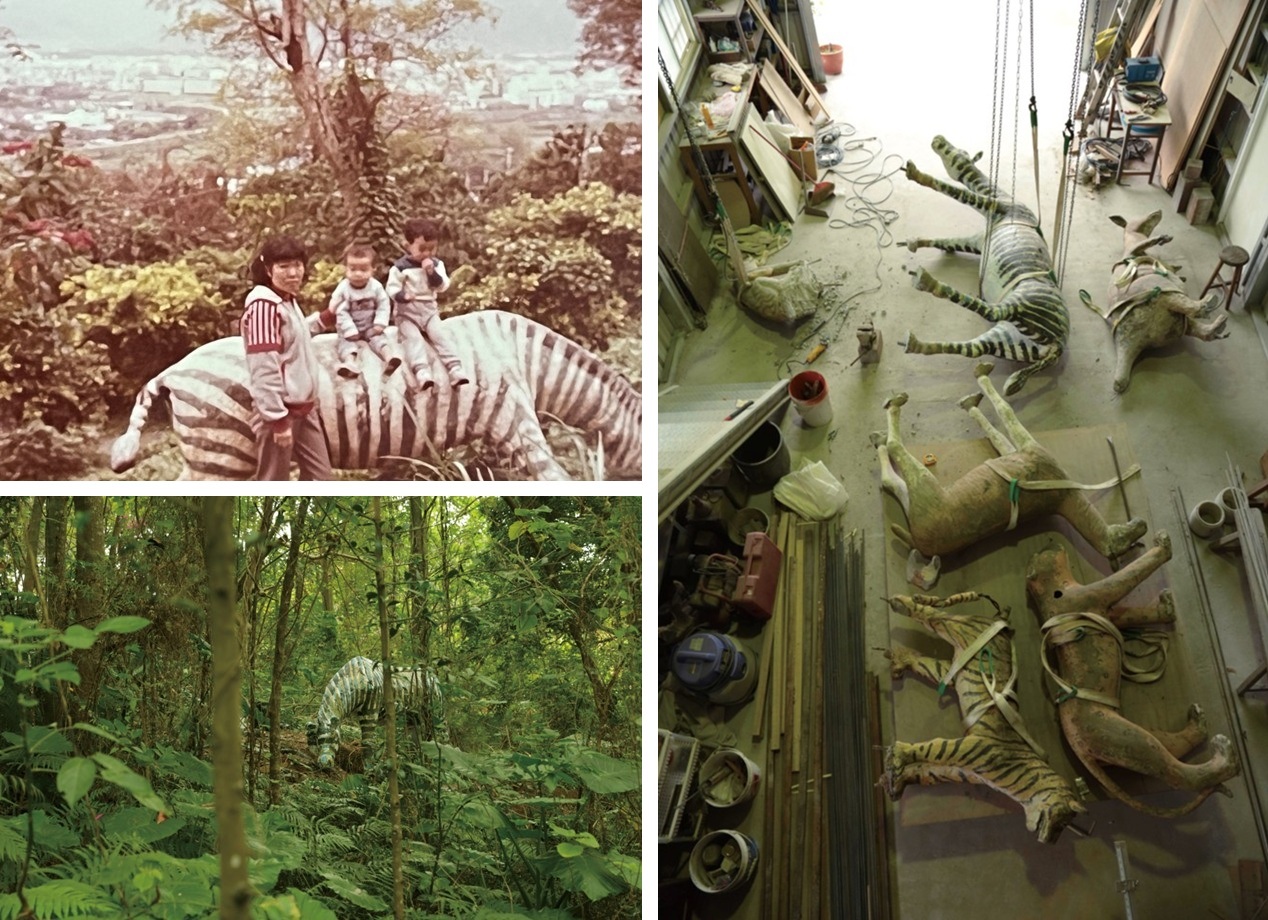 左上：邱承宏小時候與媽媽、弟弟和水泥動物（斑馬），美崙山。左下、右圖：《水泥動物園》製作過程（右圖包括其它二圖中的斑馬）。
