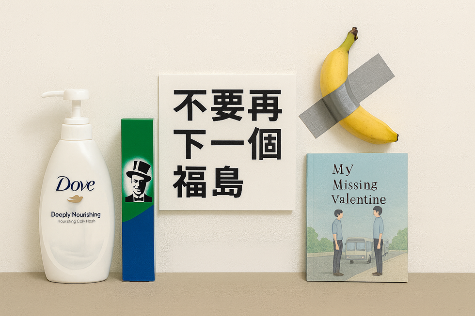 AI生成圖,生成提示詞:多芬沐浴乳、黑人牙膏、消失的情人節、不要再有下一個福島、香蕉貼在牆壁上。(黃鼎云與ChatGPT 5.2共製)