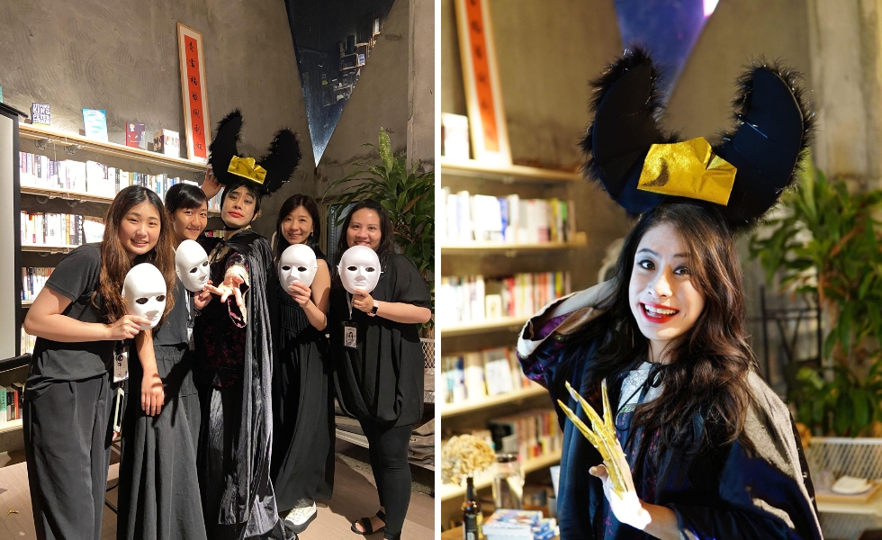 就連自己的小說《尖叫連線》新書發表會上，陳栢青也不放過變裝登場，化身港片經典角色「黑山童姥」，2020。