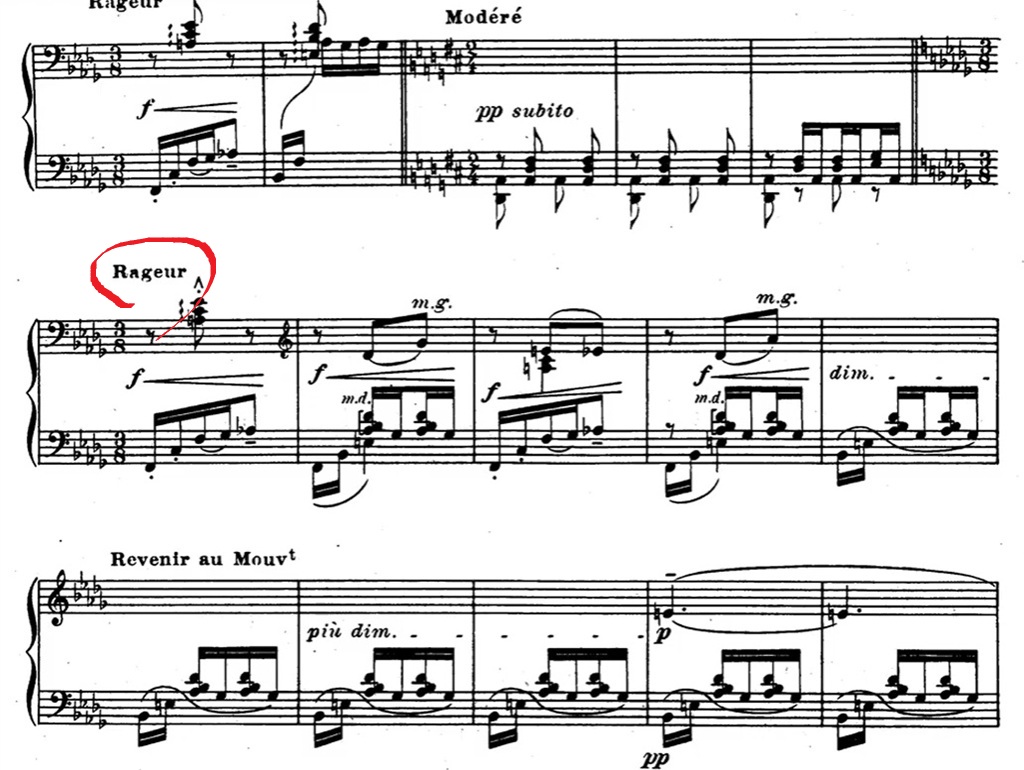 德布西在《中斷的小夜曲》樂譜上特別標示要「憤怒地」(Rageur)彈奏,描摹求愛男子被打斷時氣急敗壞的吉他聲。
