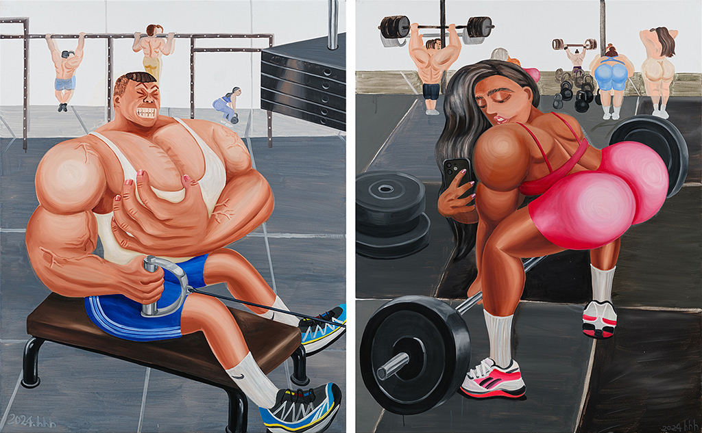 左：《練上身》（Chest Trainer），油畫，162×130 cm，2024。右：《練下身》（Hip Trainer），油畫，162×130 cm，2024。（黃海欣提供）
