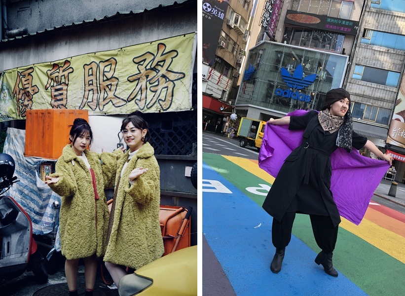 左:顏訥(左)與馬翊航一起辦新書發表會,約好扮成SOS在《我是女菩薩》專輯裡的樣子。右:到西門町參加《射雕英雄傳之東成西就》特映會,扮演地味梁朝偉。