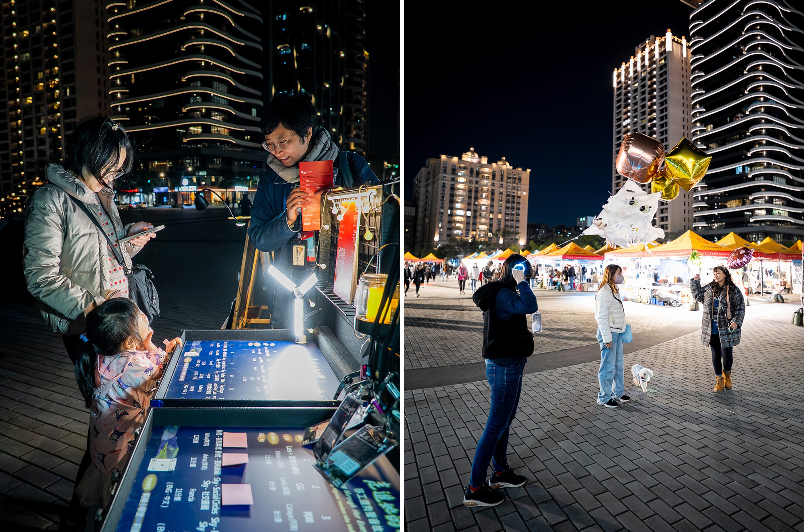 《走進她的日常——移工遛狗聲音故事》展演現場，桃園展演中心戶外空間。同場還有「真正」遛狗的民眾和「毛孩認養公益市集」。右圖為創作成員蕭於勤正向遛狗民眾說明活動。（攝影／林岢霈）