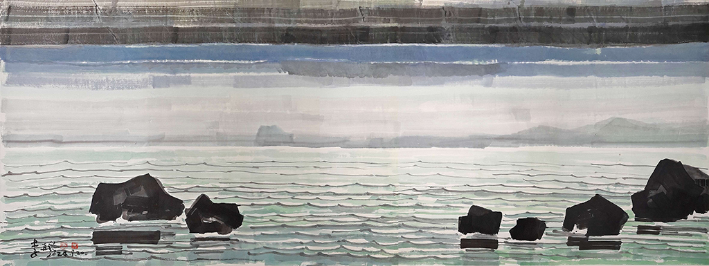 李再鈐，《水墨海景》，墨、棉紙，143×336 cm，2024。