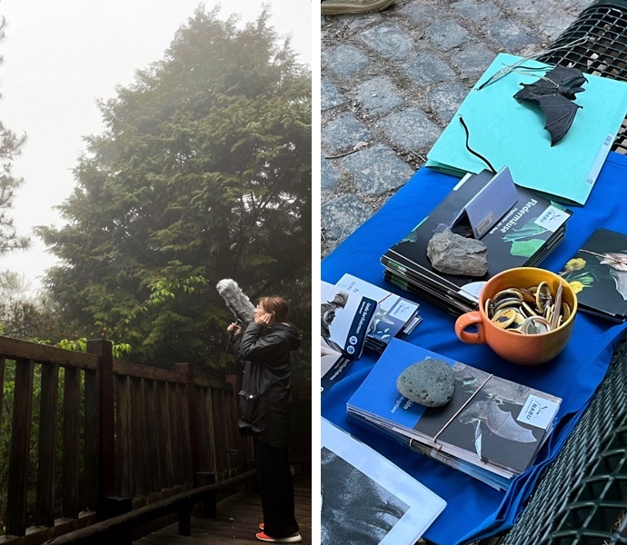 左:於雪霸國家公園觀霧森林踏查,採集蝙蝠的聲音。右:在德國科隆的推廣活動中帶當地民眾認識蝙蝠。