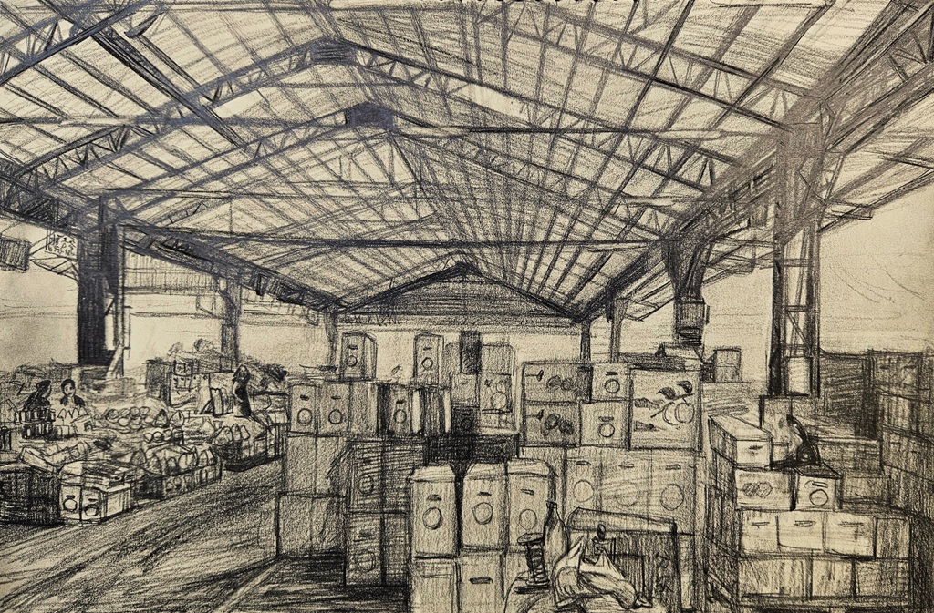 廖哲琳，《市場》，鉛筆素描，26×38 cm，2024。