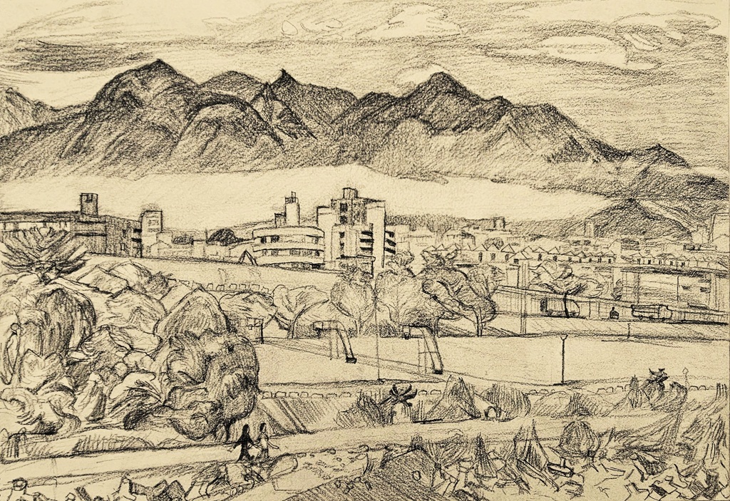 《山城》，鉛筆素描，26×37 cm，2025。