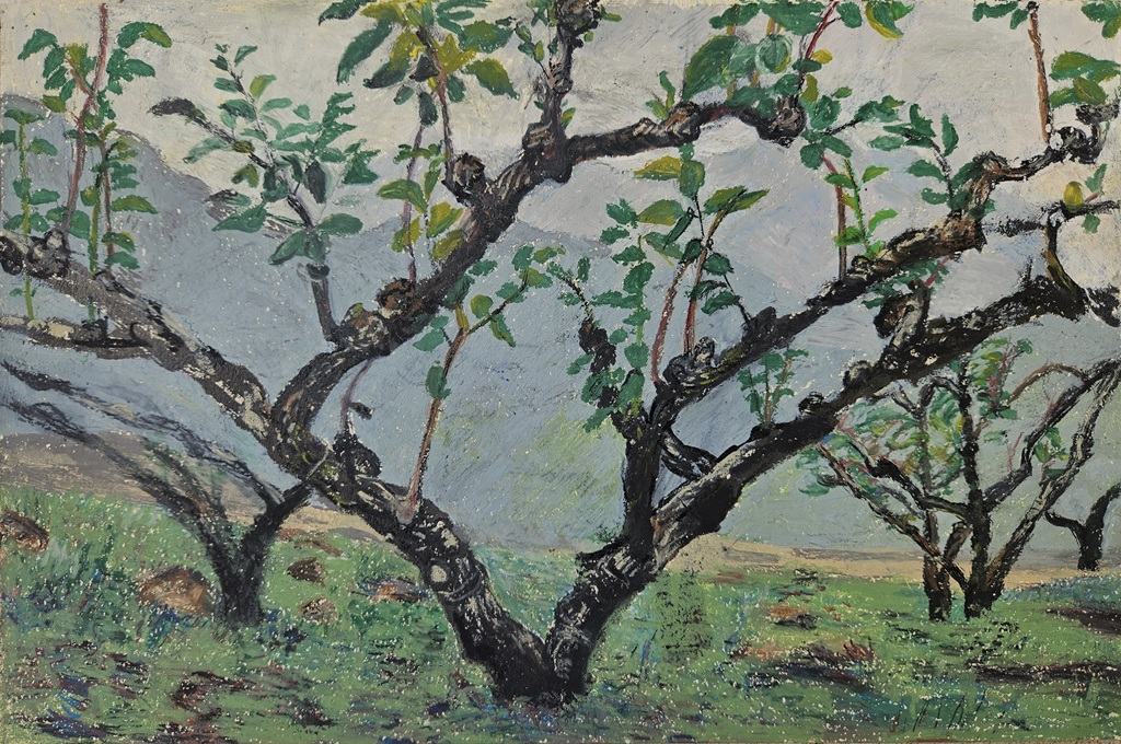 《冬天柿子樹寫生》，墨、蠟筆，26×38 cm，2021。